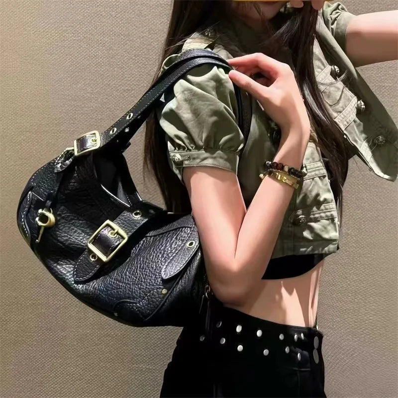 New Motorcycle Style Multi‑layer Shoulder Handbag for Women, Fashion PU Soft Leather Medium Size Commuter Underarm Bag