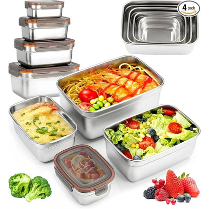 4Pcs Airtight Leak‑Proof Stainless Steel Food Storage Containers Metal Refrigerator Boxes for Home Camping Leftover & Food Residue Storage