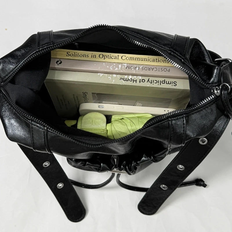 Vintage Soft Pu Leather Motorcycle-style Shoulder Bag for Women 2026 New Trendy Ruffled Drawstring Commute Underarm Bag Female