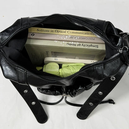 Vintage Soft Pu Leather Motorcycle-style Shoulder Bag for Women 2026 New Trendy Ruffled Drawstring Commute Underarm Bag Female