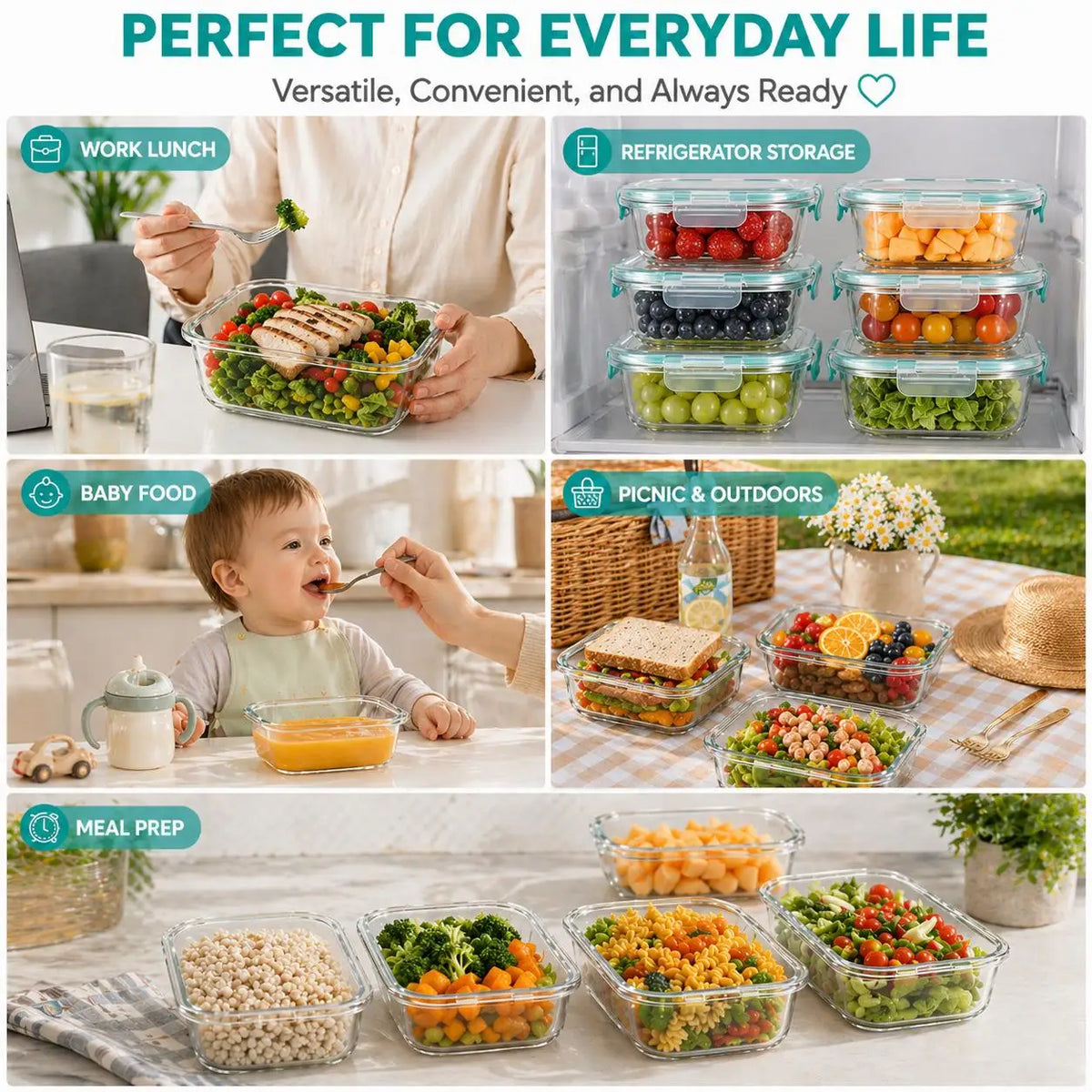 12Pcs Premium Glass Food Storage Containers Set Airtight Meal Prep Lunch Box with Silicone Lids Leak Proof BPA Free Stackable Kitchen Organizer Bowls Microwave Oven Freezer Dishwasher Safe Jars