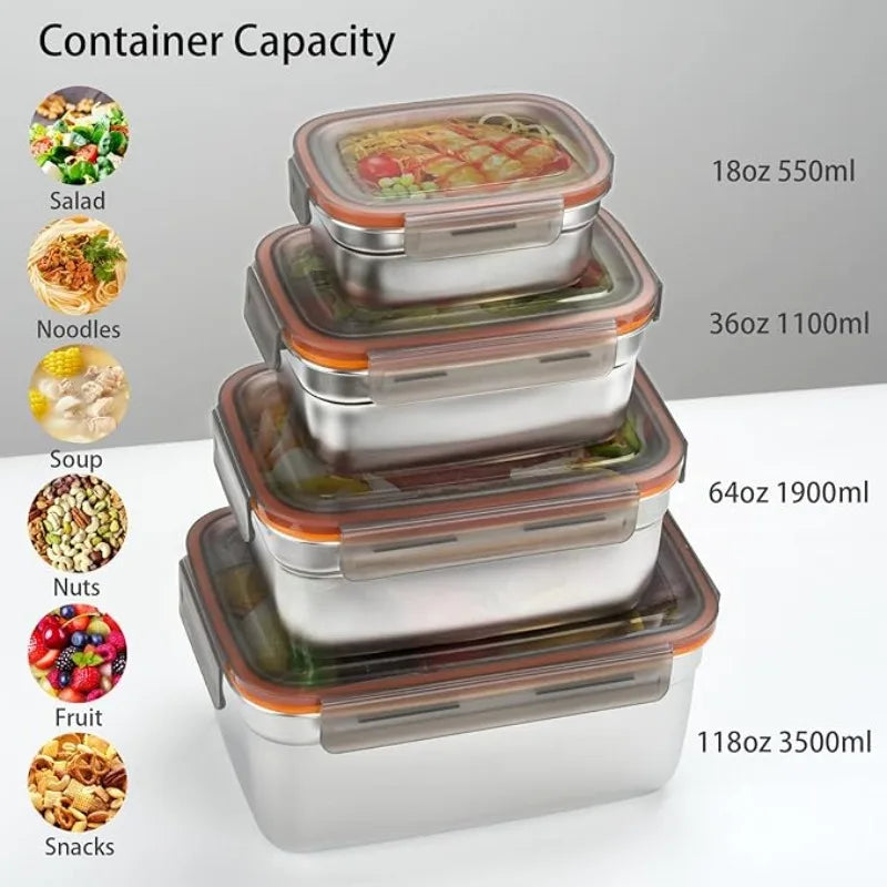 4Pcs Airtight Leak‑Proof Stainless Steel Food Storage Containers Metal Refrigerator Boxes for Home Camping Leftover & Food Residue Storage