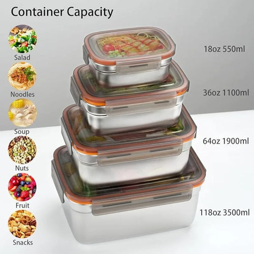 4Pcs Airtight Leak‑Proof Stainless Steel Food Storage Containers Metal Refrigerator Boxes for Home Camping Leftover & Food Residue Storage