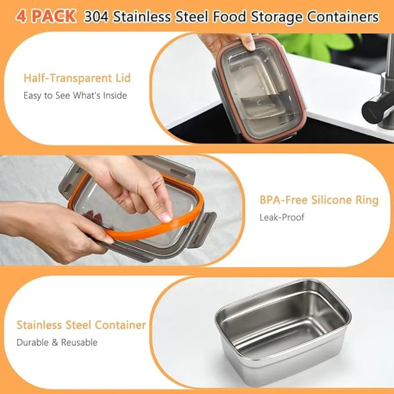 4Pcs Airtight Leak‑Proof Stainless Steel Food Storage Containers Metal Refrigerator Boxes for Home Camping Leftover & Food Residue Storage