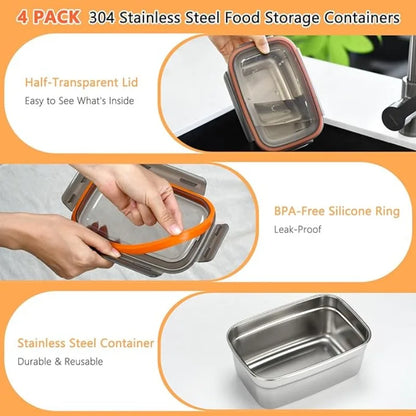 4Pcs Airtight Leak‑Proof Stainless Steel Food Storage Containers Metal Refrigerator Boxes for Home Camping Leftover & Food Residue Storage