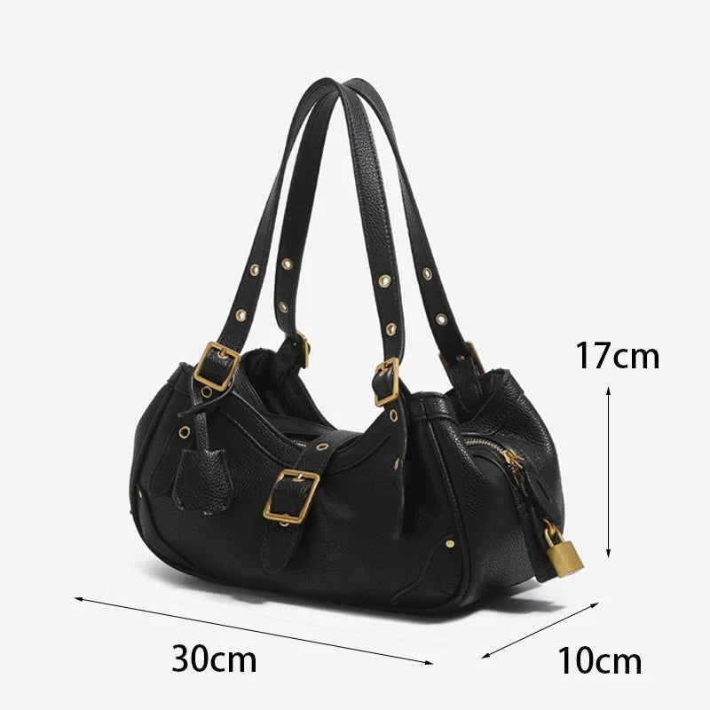 New Motorcycle Style Multi‑layer Shoulder Handbag for  Women, Fashion PU Soft Leather Medium Size Commuter Underarm Bag