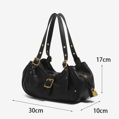 New Motorcycle Style Multi‑layer Shoulder Handbag for  Women, Fashion PU Soft Leather Medium Size Commuter Underarm Bag