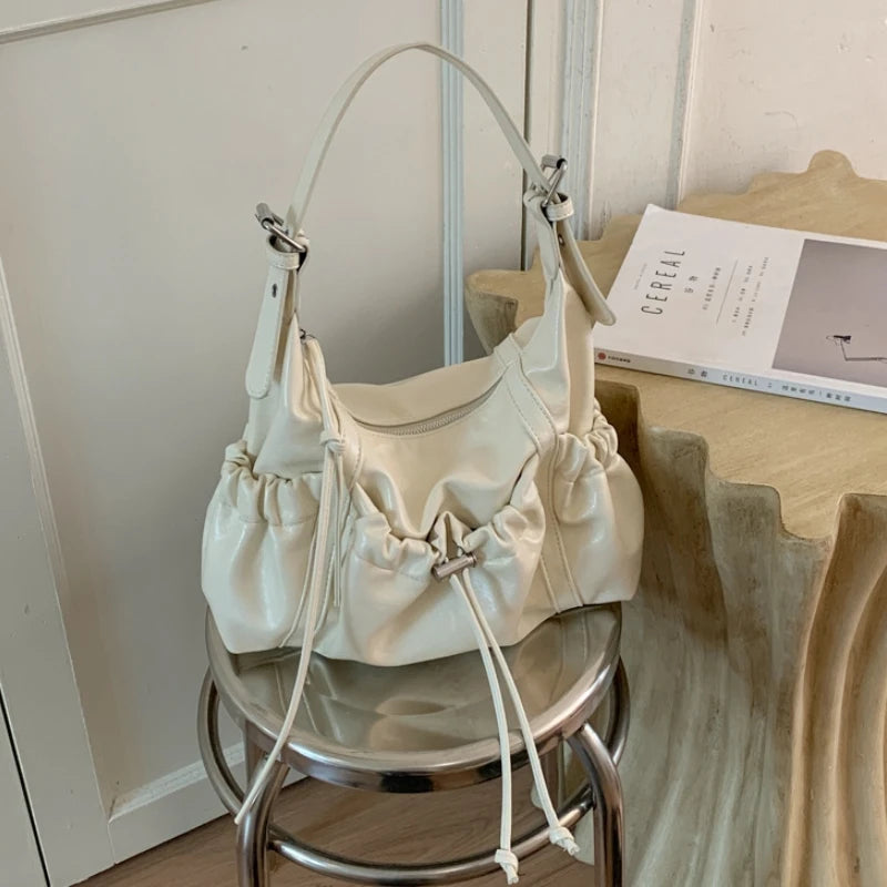 Vintage Soft Pu Leather Motorcycle-style Shoulder Bag for Women 2026 New Trendy Ruffled Drawstring Commute Underarm Bag Female