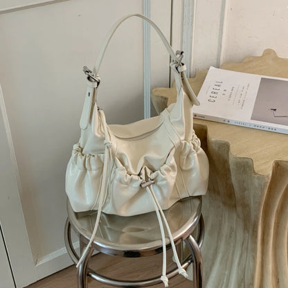 Vintage Soft Pu Leather Motorcycle-style Shoulder Bag for Women 2026 New Trendy Ruffled Drawstring Commute Underarm Bag Female