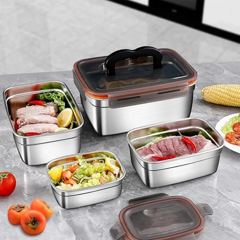 4Pcs Airtight Leak‑Proof Stainless Steel Food Storage Containers Metal Refrigerator Boxes for Home Camping Leftover & Food Residue Storage