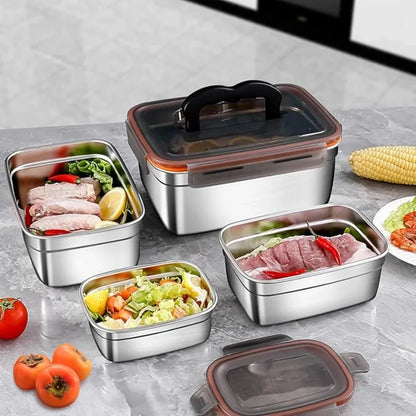 4Pcs Airtight Leak‑Proof Stainless Steel Food Storage Containers Metal Refrigerator Boxes for Home Camping Leftover & Food Residue Storage