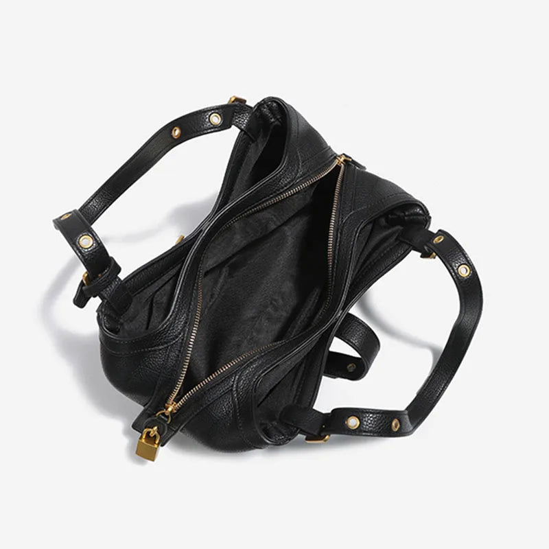 New Motorcycle Style Multi‑layer Shoulder Handbag for  Women, Fashion PU Soft Leather Medium Size Commuter Underarm Bag