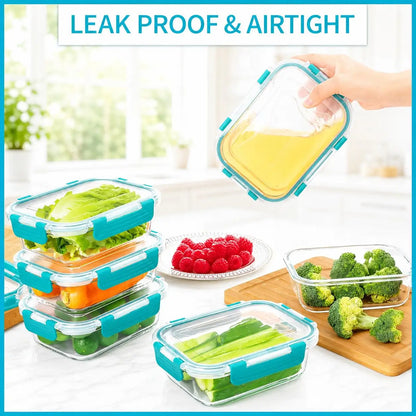 12Pcs Premium Glass Food Storage Containers Set Airtight Meal Prep Lunch Box with Silicone Lids Leak Proof BPA Free Stackable Kitchen Organizer Bowls Microwave Oven Freezer Dishwasher Safe Jars