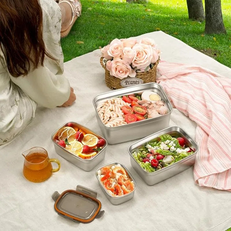 4Pcs Airtight Leak‑Proof Stainless Steel Food Storage Containers Metal Refrigerator Boxes for Home Camping Leftover & Food Residue Storage