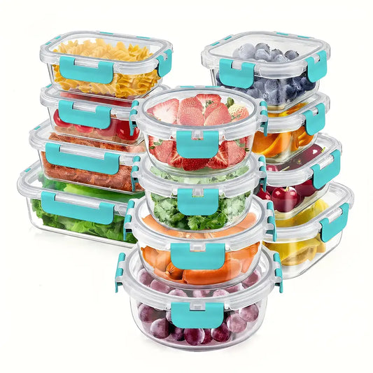 12Pcs Premium Glass Food Storage Containers Set Airtight Meal Prep Lunch Box with Silicone Lids Leak Proof BPA Free Stackable Kitchen Organizer Bowls Microwave Oven Freezer Dishwasher Safe Jars