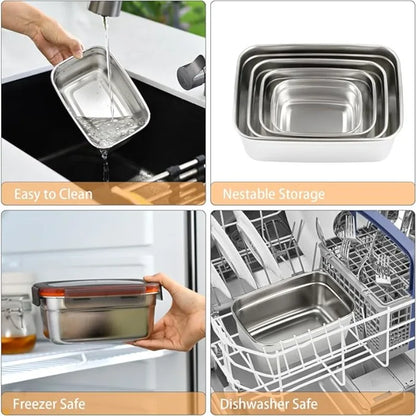 4Pcs Airtight Leak‑Proof Stainless Steel Food Storage Containers Metal Refrigerator Boxes for Home Camping Leftover & Food Residue Storage