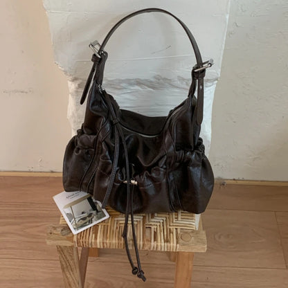 Vintage Soft Pu Leather Motorcycle-style Shoulder Bag for Women 2026 New Trendy Ruffled Drawstring Commute Underarm Bag Female