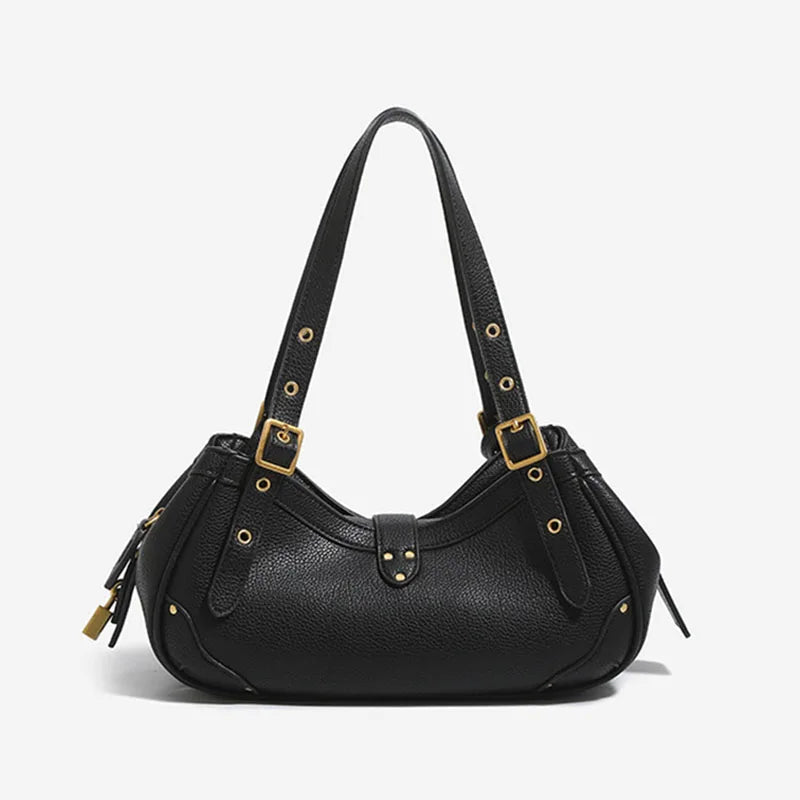 New Motorcycle Style Multi‑layer Shoulder Handbag for  Women, Fashion PU Soft Leather Medium Size Commuter Underarm Bag