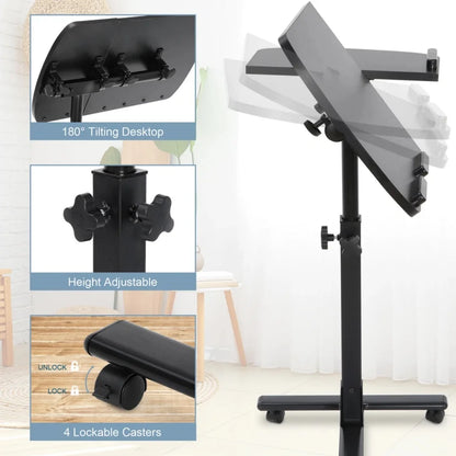 Laptop Desk Adjustable Height Laptop Stand Rolling Table Notebook W/ 4 Casters