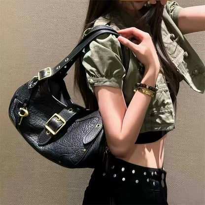 New Motorcycle Style Multi‑layer Shoulder Handbag for  Women, Fashion PU Soft Leather Medium Size Commuter Underarm Bag