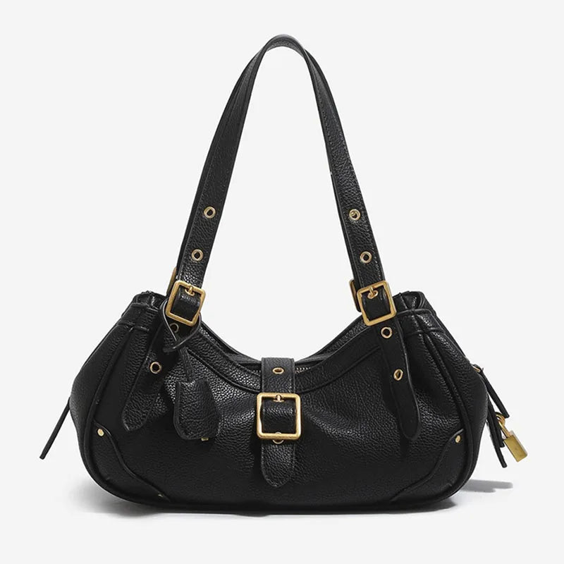 New Motorcycle Style Multi‑layer Shoulder Handbag for  Women, Fashion PU Soft Leather Medium Size Commuter Underarm Bag